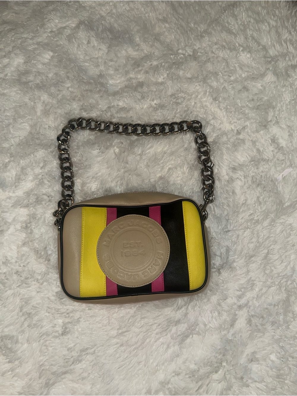 Marc Jacobs Beige Crossbody Camera Bag with Yellow, Black & Pink Stripes